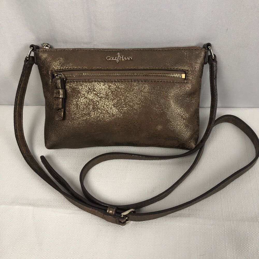 COLE HAAN Brown Gold Distressed Leather Crossbody Bag 8”x 5.5” Messenger Bag